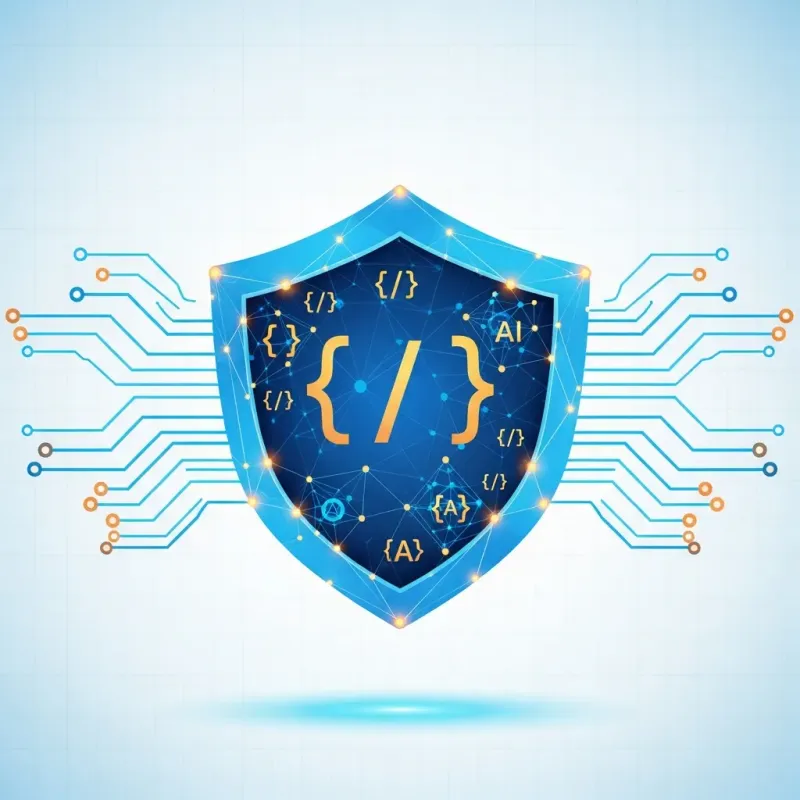 Abstract shield with connected data nodes representing AI governance