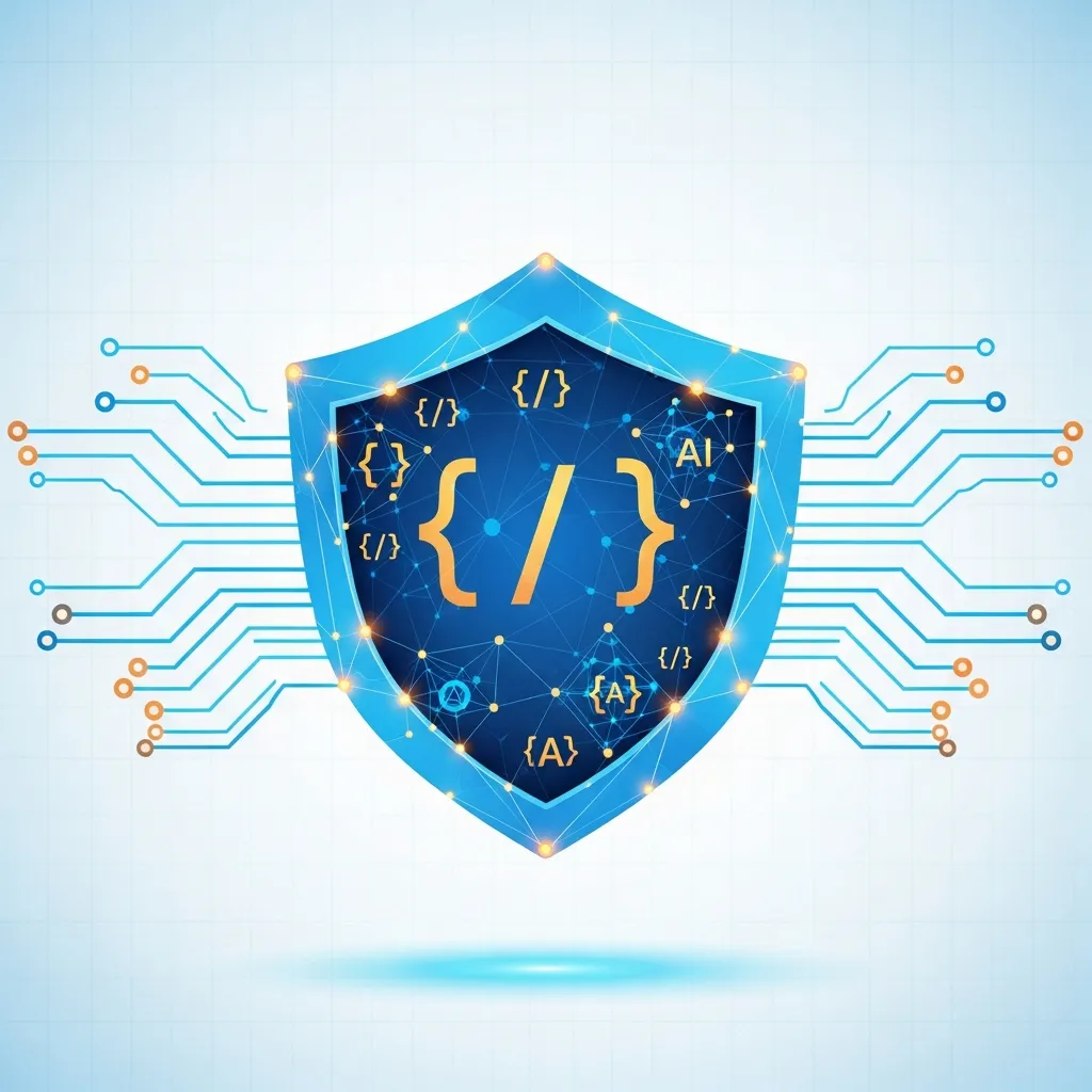 Abstract shield with connected data nodes representing AI governance